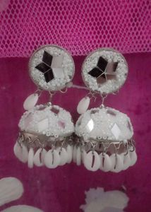 White Beaded Jhumka Earrings
