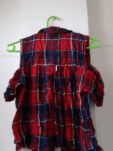 Red Plaid Cold Shoulder Top