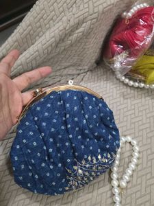 Blue Embroidery Potli Clutch With Pearl Handle
