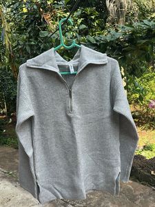 Grey Ribbed Half-Zip Pullover