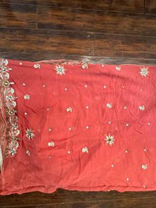 Coral Pink Embroidered Saree with Matching Blouse