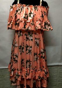 New Piece Floral Ruffle Midi Peach Dress For M Siz