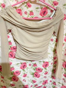 Beige Off shoulder Mesh Top