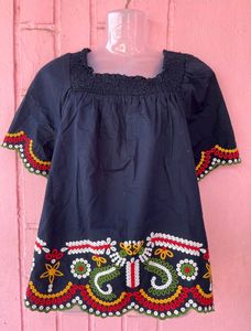Korean Blue Embroidered Top