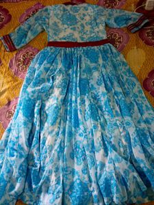 Blue &amp; White Floral Print Gown Dress