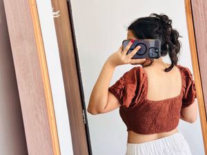 Brown Puff Sleeve Crop Top
