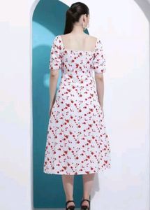 White_red Colour Flower Rose Printed Dress