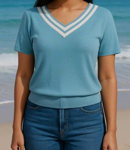 Blue V-Neck Knit Top