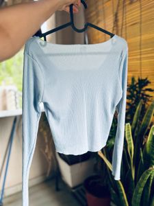 Pastel Blue Ribbed Top With Square Neckline