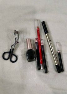 3 lipliner, 2 eyeliner, brow shadow, lash curler