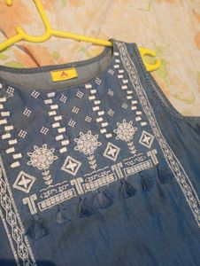 ATEESA Blue-White Embroidered Kurti,Size - S