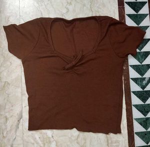Brown Ribbed Tie-Front Top