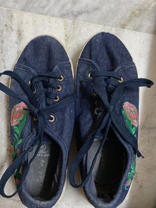 Denim Blue Embroidered Platform Shoes In Size 38