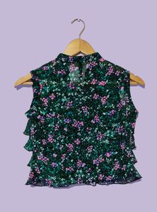 Green Floral Ruffled Crop Top