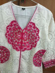 cream pink work kurta set