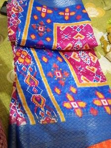 Blue & Pink Patterned Saree With Stictted Blouse