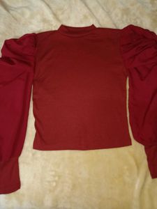 Red Puff Sleeve Mock Neck Top