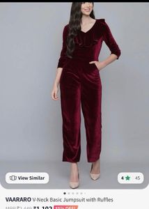 BURGUNDY VELVET RUFFLES JUMPSUIT