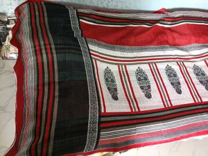 GentlyUsed Jute Saree - Red&amp;Black&amp;WhiteStripes