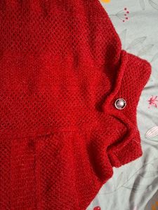 Red Knit Shawl with Fringe