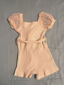 Ribbed Romper with Sheer Sleeves