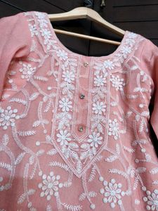 Women Peach Cotton Mix Chikankari Work Suit