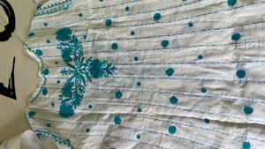 White &amp; Blue Embroidered Kurti Dress