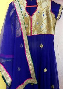 Elegant Blue &amp; Gold Anarkali With Dupatta