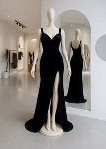 Elegant Black Velvet Slit Gown