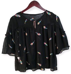 HSTYLE Black Feather Design Tie-Neck Dress Women