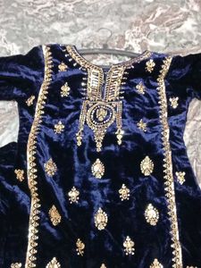 Elegant Navy Velvet Embroidered Salwar Kameez