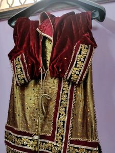 Golden- Red Saree With Designer Velvet Blouse