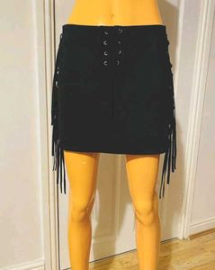 Zara Black Faux Soft Suede Laces Tassel Mini Skirt