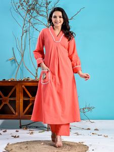 Peach Cotton Kurta Set w/ Embroidery
