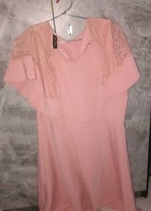 Coral Pink A-Line Dress with Lace Detail