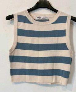 ZARA white and blue strip crop top