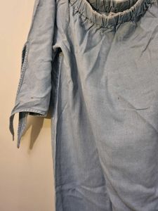 Off Shoulder Blue Dress With Tie Up Sleeves !
