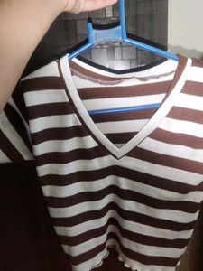 Brown &amp; White Striped V-Neck Top