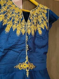 Elegant Blue &amp; Gold Embroidered Dress