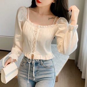 Elegant long sleeve Lace tie white top for women ✨