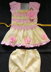 Lemon Yellow And Baby Pink Frock