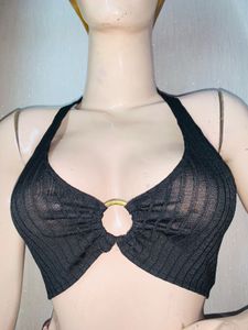 Black Halter Ring Detail Top