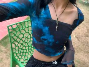Blue Tie-Dye Mesh Crop Top