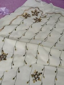 Cream Embroidered Saree