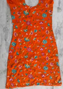 Women Orange Embroidered Straight Kurta