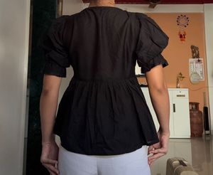 Black Puff Sleeve Tie Front Top| Korean Top