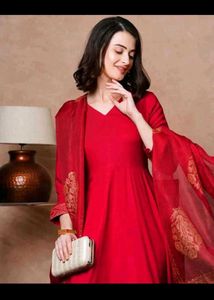 Red 3 Piece Anarkali Kurta set.