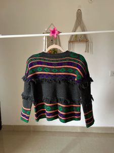 ARYGLE  PRINT TASSLE GREY SWEATER
