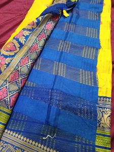 Yellow &amp; Blue Saree Cotton Silk