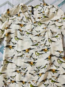 Charming Bird Print Sheer V-Neck Blouse Top
